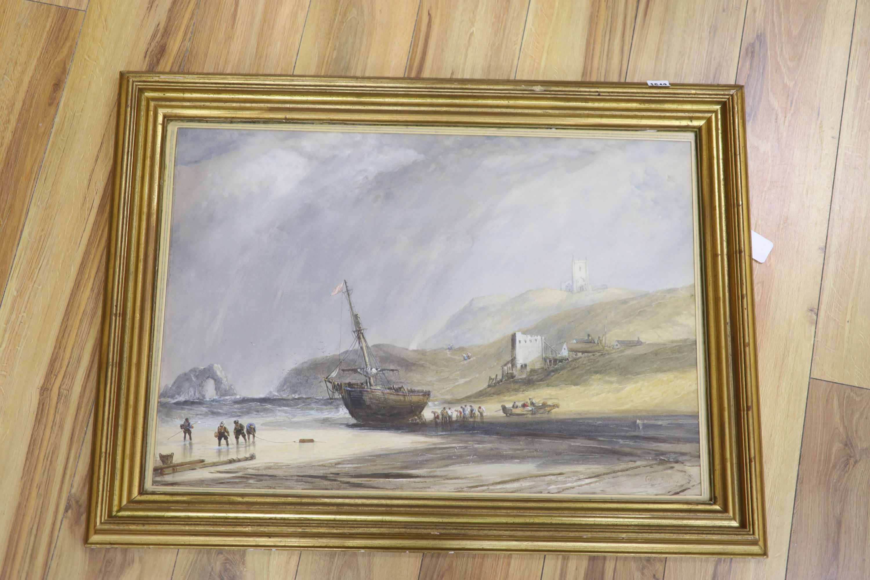 Copley Fielding (1787-1855), watercolour, Beached ship and figures on the coast, 51 x 73cm